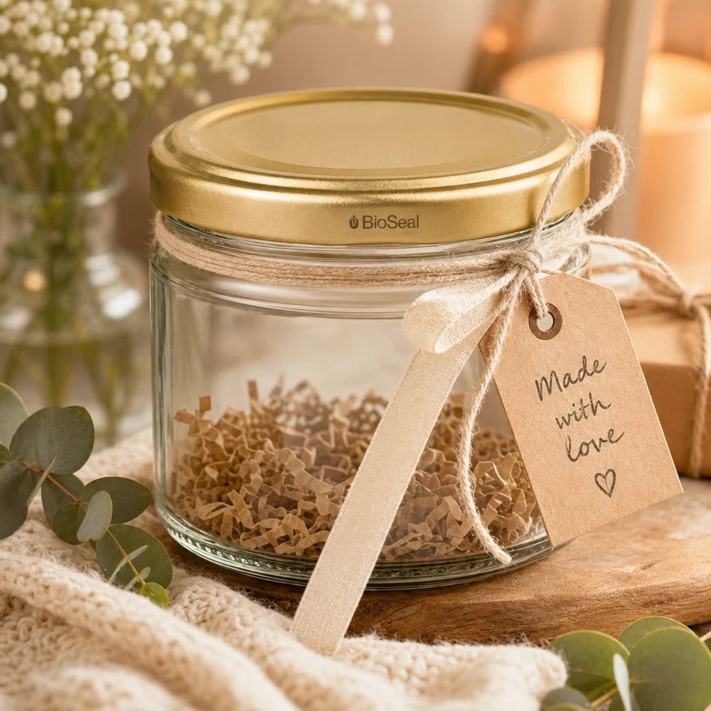 330ml kulatá sklenice + zlaté víčko BioSeal UNiTWIST UniTWIST Runda330 Vorratsglas mit goldenem TO82 BioSeal Deckel dekorativ verpackt als Geschenk mit Schleifenband