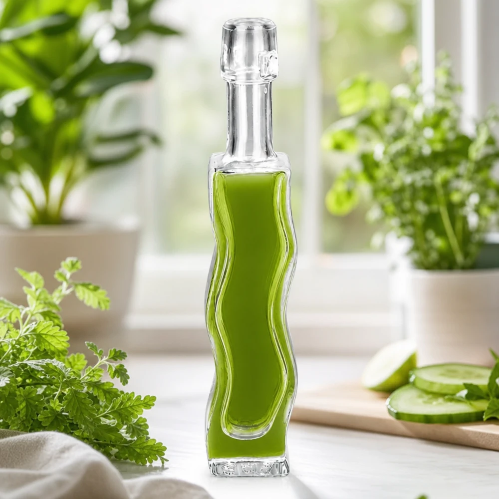 40ml Glasflasche Anna mit grünem Kräuterextrakt befüllt Petersilie-Deko helle Fensterbank Naturkosmetik-Ambiente