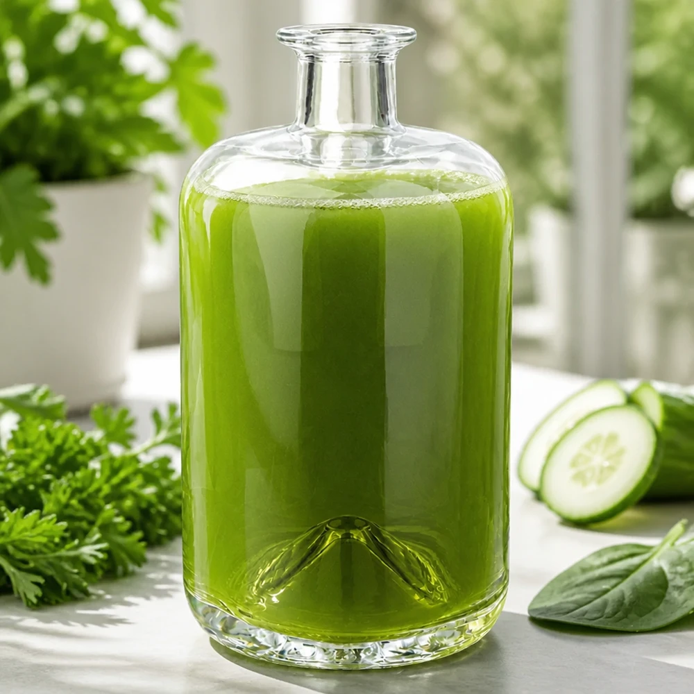 700ml Glasflasche Sofia mit grünem Smoothie befüllt neben Gurke Petersilie und Spinat gesunde Ernährung Szene