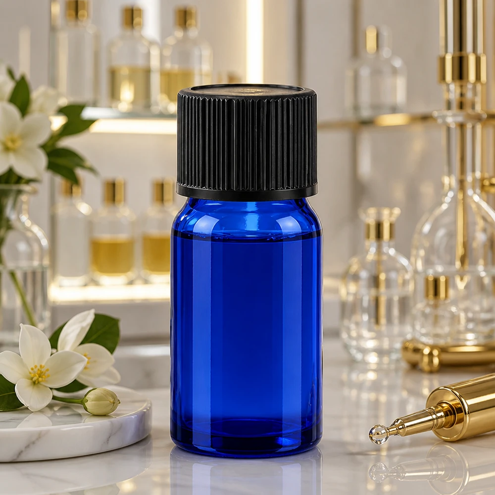 5ml lahvička s kapátkem 1mm černá standardní uzávěr BlueLine UT18/5 Handliche 5ml Tropfflasche in Blau mit schwarzem Deckel perfekt für Reise und unterwegs
