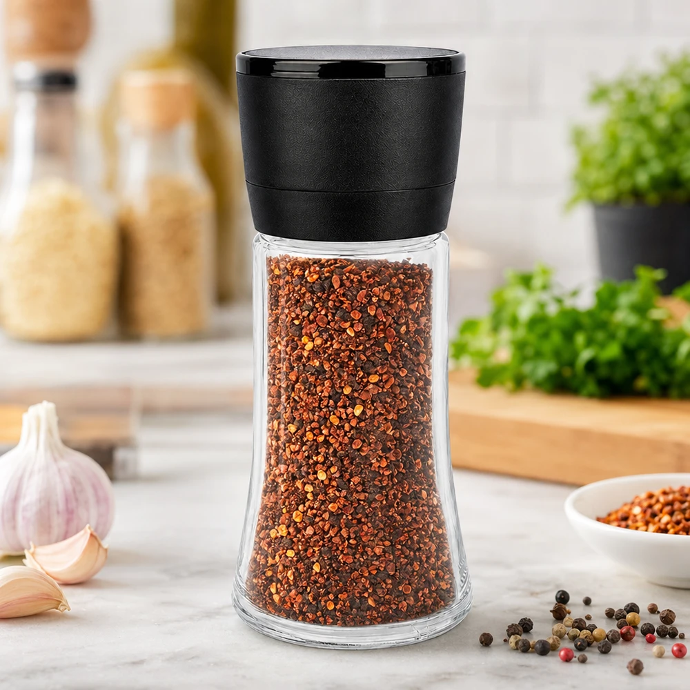 Dóza na sůl/koření 95 ml s mlýnkem Vario černá Kleine Tischgewürzmühle 95ml aus klarem Glas mit mattschwarzem Mahlwerk für Chili