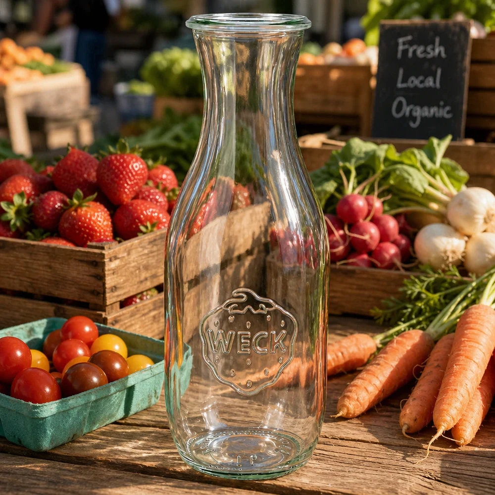 1062ml láhev na šťávu WECK RR60 s dřevěným dřevem. WECK Saftflasche 1062ml RR60 auf Holztisch mit frischem Marktgemüse Karotten Radieschen Tomaten und Bio-Schild