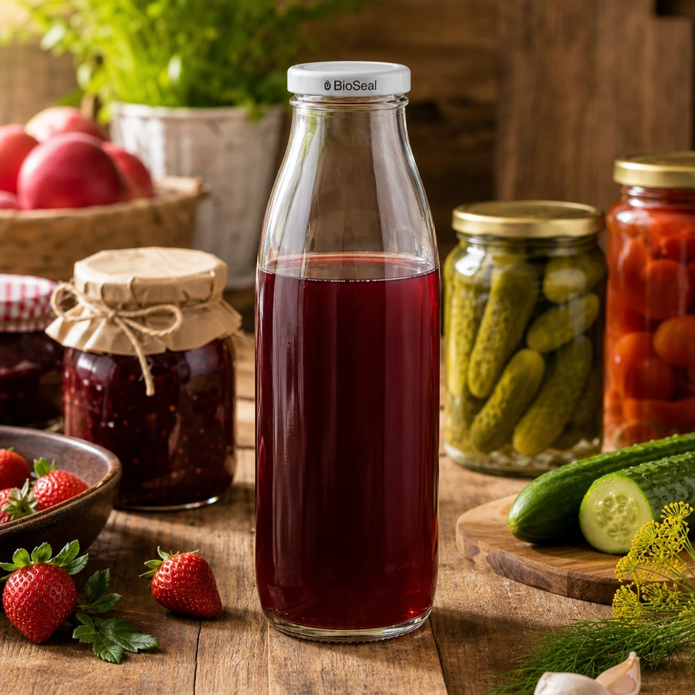 500ml skleněná láhev + víčko BioSeal bílé UNiTWIST 500ml Glasflasche mit rotem Saft befüllt, BioSeal Deckel weiß, umgeben von Einmachgläsern und frischen Gurken