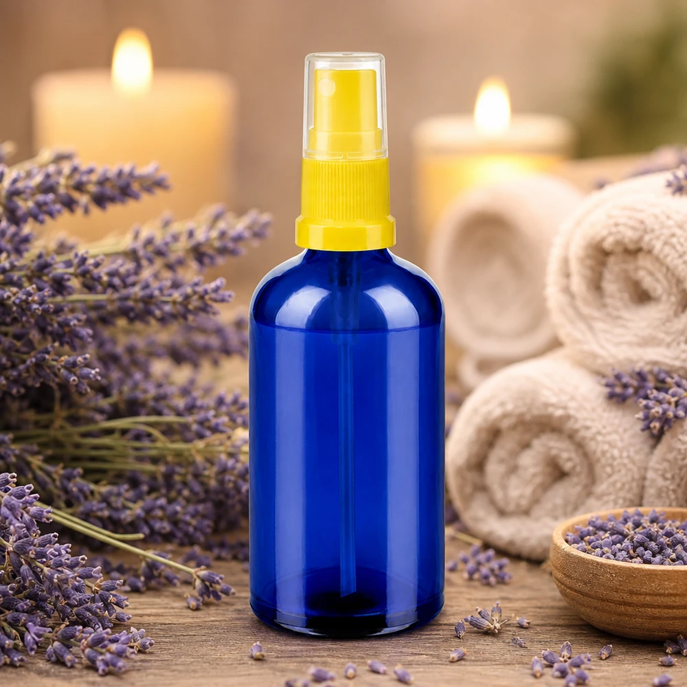 100ml lahvička s rozprašovačem žlutá/transparentní standardní uzávěr BlueLine UT18/100 Premium Glassprayflasche 100ml mit ergonomischem Sprühkopf für präzise Dosierung