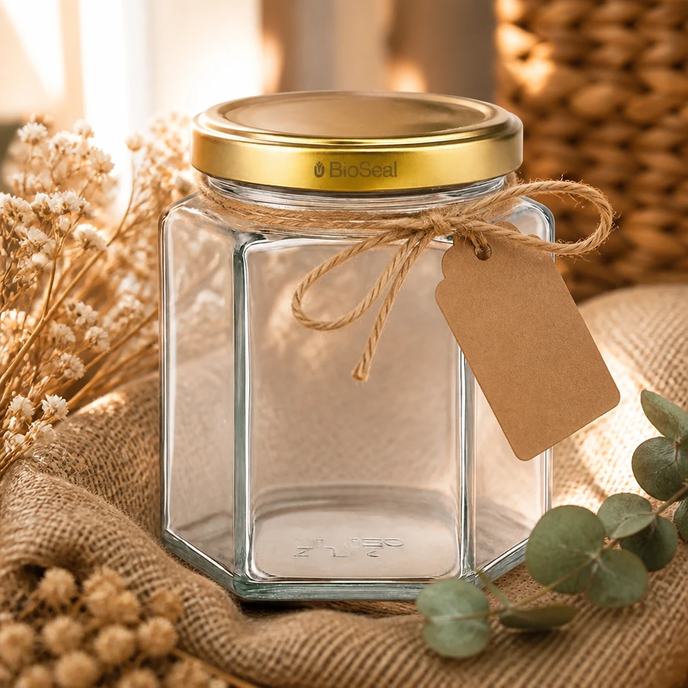 UNiTWIST Hexa390 leeres Glasgefäß mit goldenem BioSeal Deckel und Geschenkanhänger in natürlicher Deko-Szene