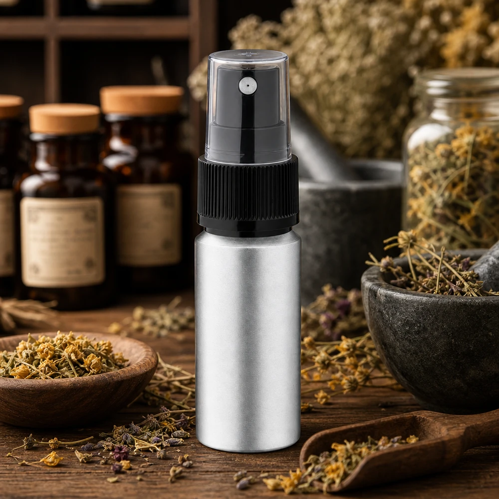 Handliche 20ml gebeizte Aluflasche mit präzisem Sprühsystem für dosierte Anwendung