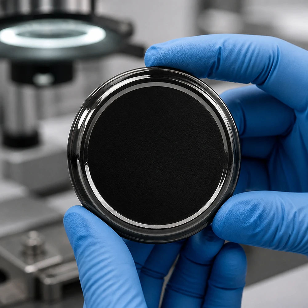 Laboratorní pohled na černé víčko TO100 BasicSeal 100 mm UNiTWIST držené v rukavicích