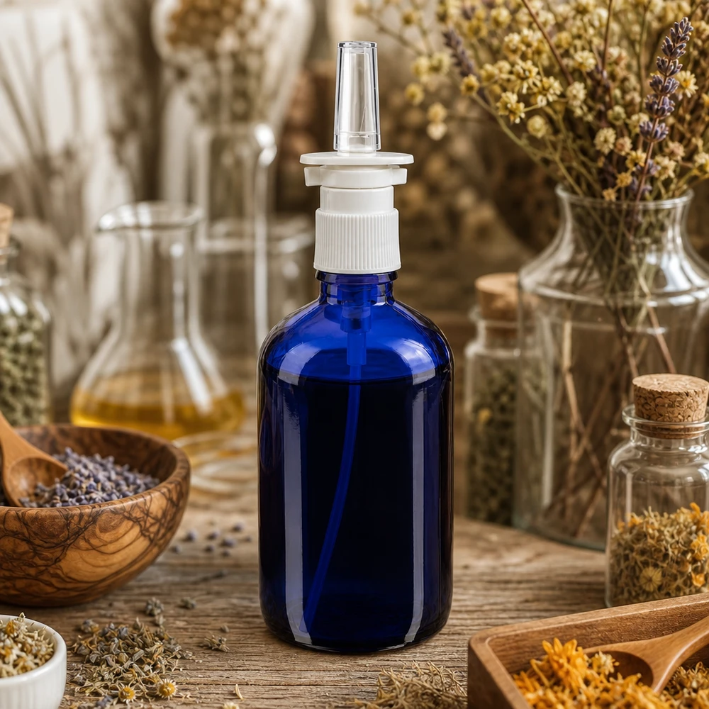 Lékárenská lahvička modrá 100ml nosní rozprašovač bílý standard. 100ml blaue Glasnasensprayflasche mit transparenter Applikatordüse in natürlichem Kräuterumfeld