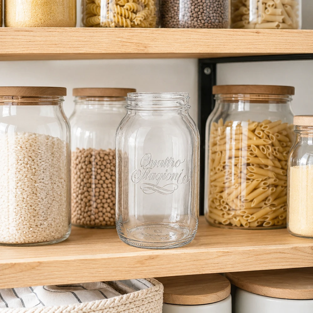 1500ml Quattro Stagioni Haushaltsglas leer auf Holzregal neben gefüllten Vorratsgläsern mit Pasta und Hülsenfrüchten