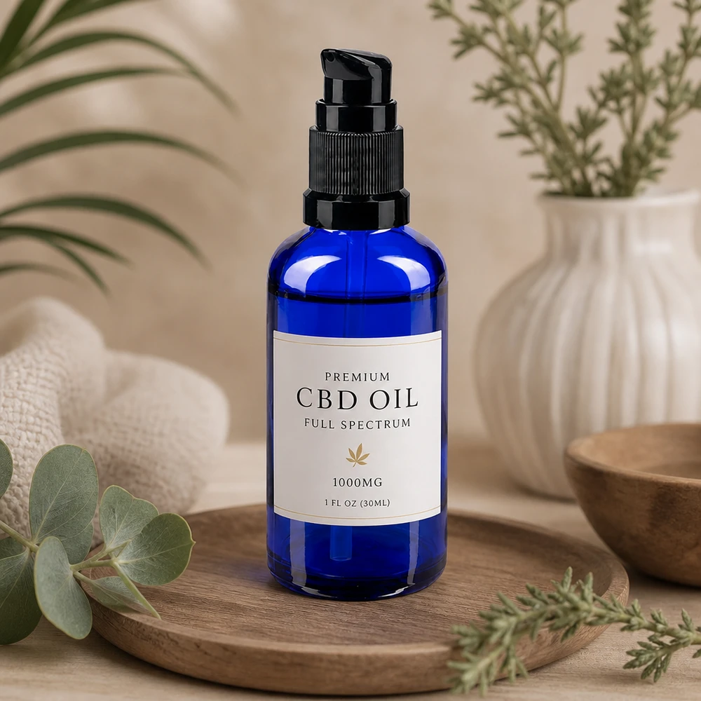 Schlanke blaue Apothekenglasflasche 50ml mit schwarzem Spenderkopf für ätherische Öle