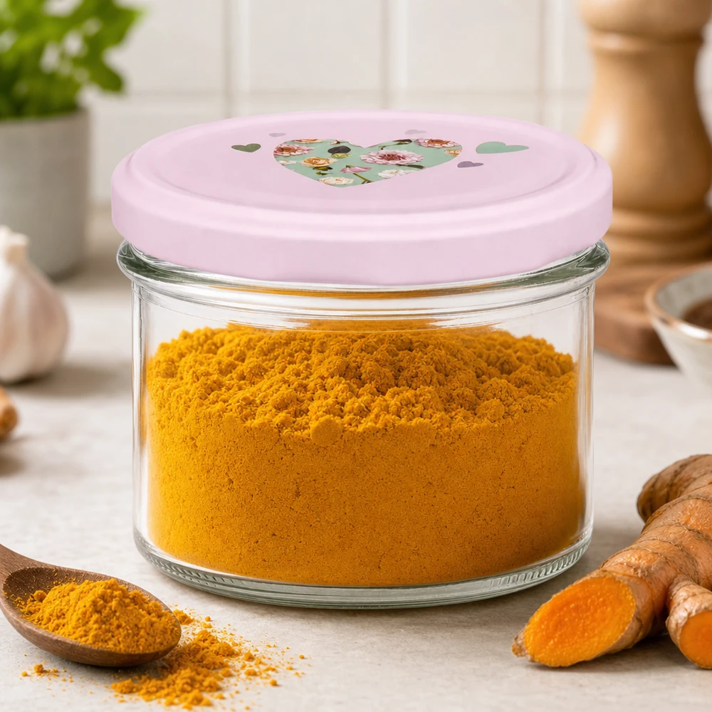 225ml kelímky + víčko BasicSeal srdíčko růžové UNiTWIST Kurkumapulver im 225ml Sturzglas mit rosa Herzdeckel in der Küche neben frischen Kurkumawurzeln