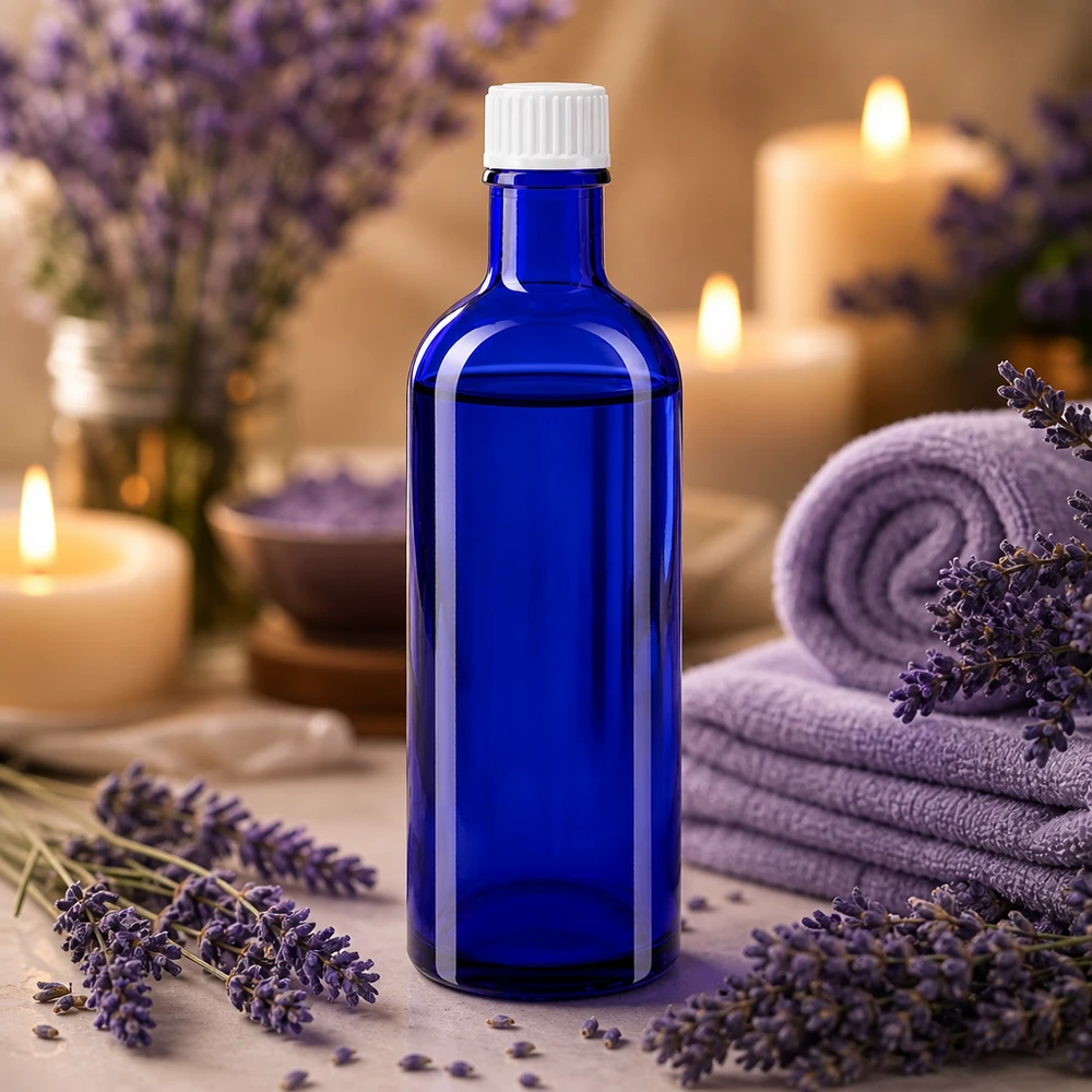 Lékárenská láhev modrá 200ml šroubovací uzávěr bílý stř. Apothekerflasche Kobaltblau 200ml kindersicherer weißer Schraubverschluss