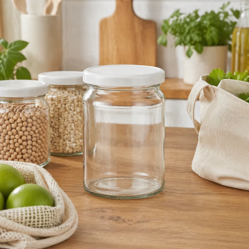 Kulatá sklenice 205 ml s víčkem BasicSeal bílá UNiTWIST 205ml Rundglas UNiTWIST in nachhaltiger Zero-Waste Küche mit Getreide und Öko-Beuteln - umweltfreundliche Vorratshaltung
