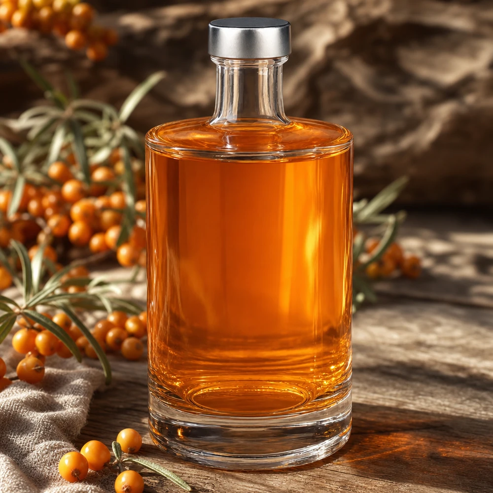 500ml Glasflasche Sam mit bernsteinbrauner Spirituose zwischen Sanddorn Beeren natürliche Dekoration Produktinszenierung