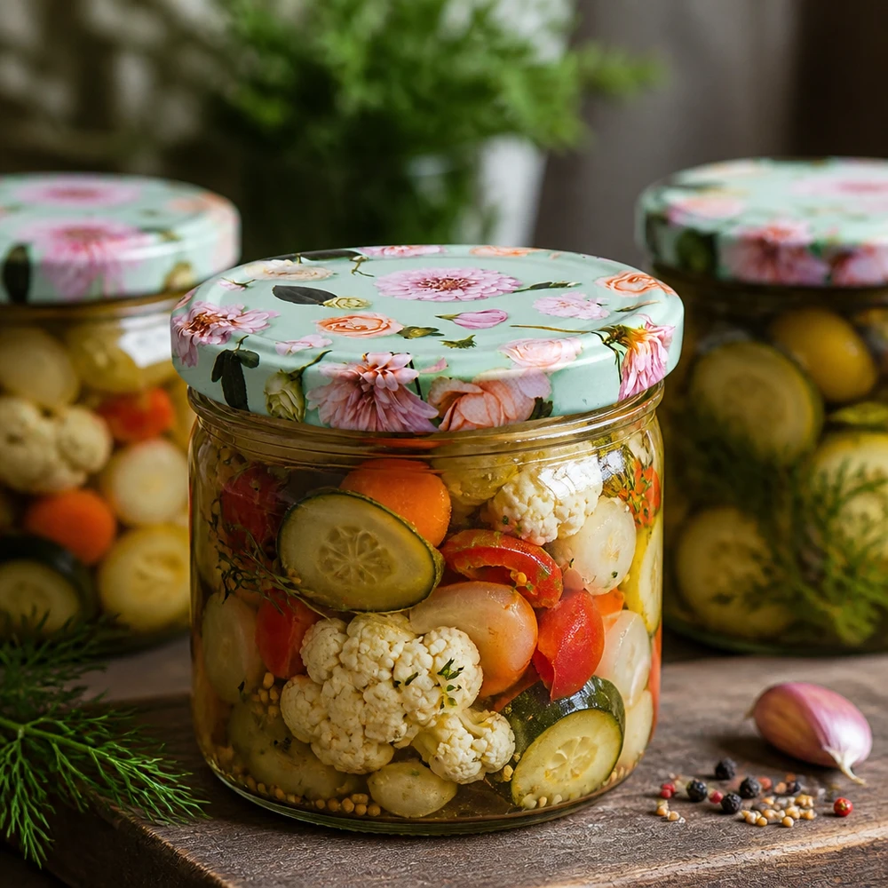 260ml Sturzglas mit BasicSeal Blumendeckel mint gefüllt mit eingelegtem Mischgemüse und Gewürzen als Konserven