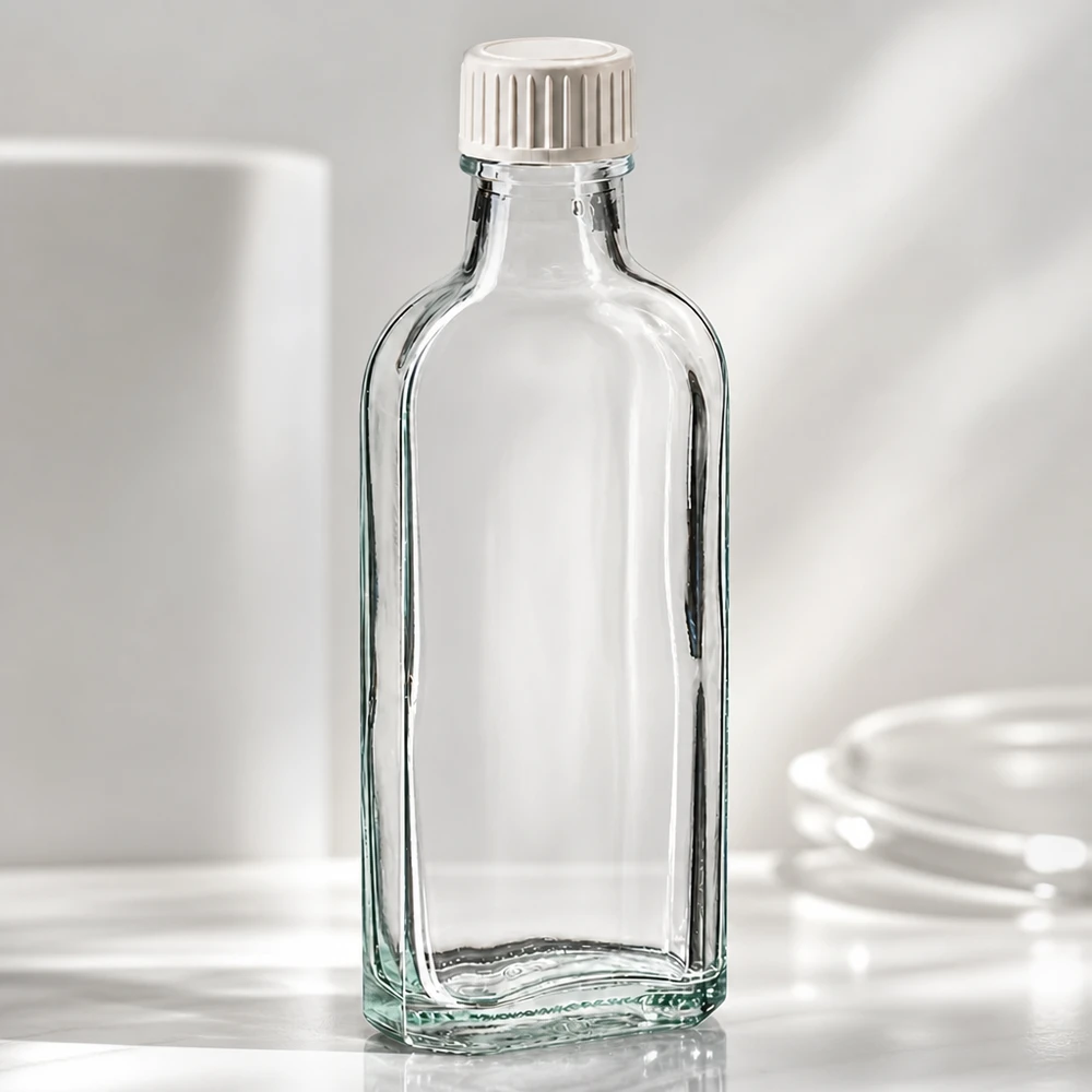 Flachmann Glasflasche 100ml klar mit abgerundeten Kanten und weißem Kunststoffdeckel