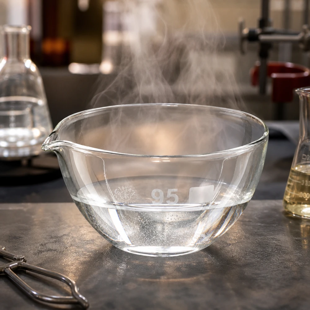 170ml odpařovací miska s borosilikátovou výlevkou ø95mm Säurebeständige Abdampfschale aus Borosilikat 95mm mit ergonomischem Ausguss für sicheres Arbeiten