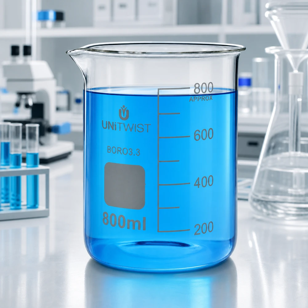 Becherglas 800ml niedrige Form Borosilikat mit Beschriftungsfeld von UNiTWIST