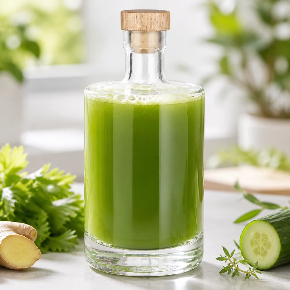 500ml Glasflasche Marie mit grünem Gemüsesaft gefüllt - Holzkorken Verschluss - Lifestyle Foto mit Gurke und Ingwer