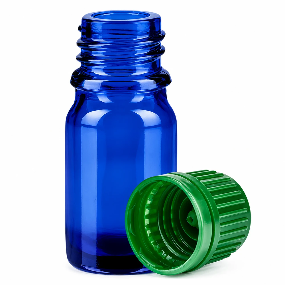 5ml lahvička 11mm šroubovací uzávěr zelený tamper-evidentní uzávěr BlueLine UT18/5 Hochwertige 5ml Apothekerflasche blau mit kindersicherem grünem Verschluss
