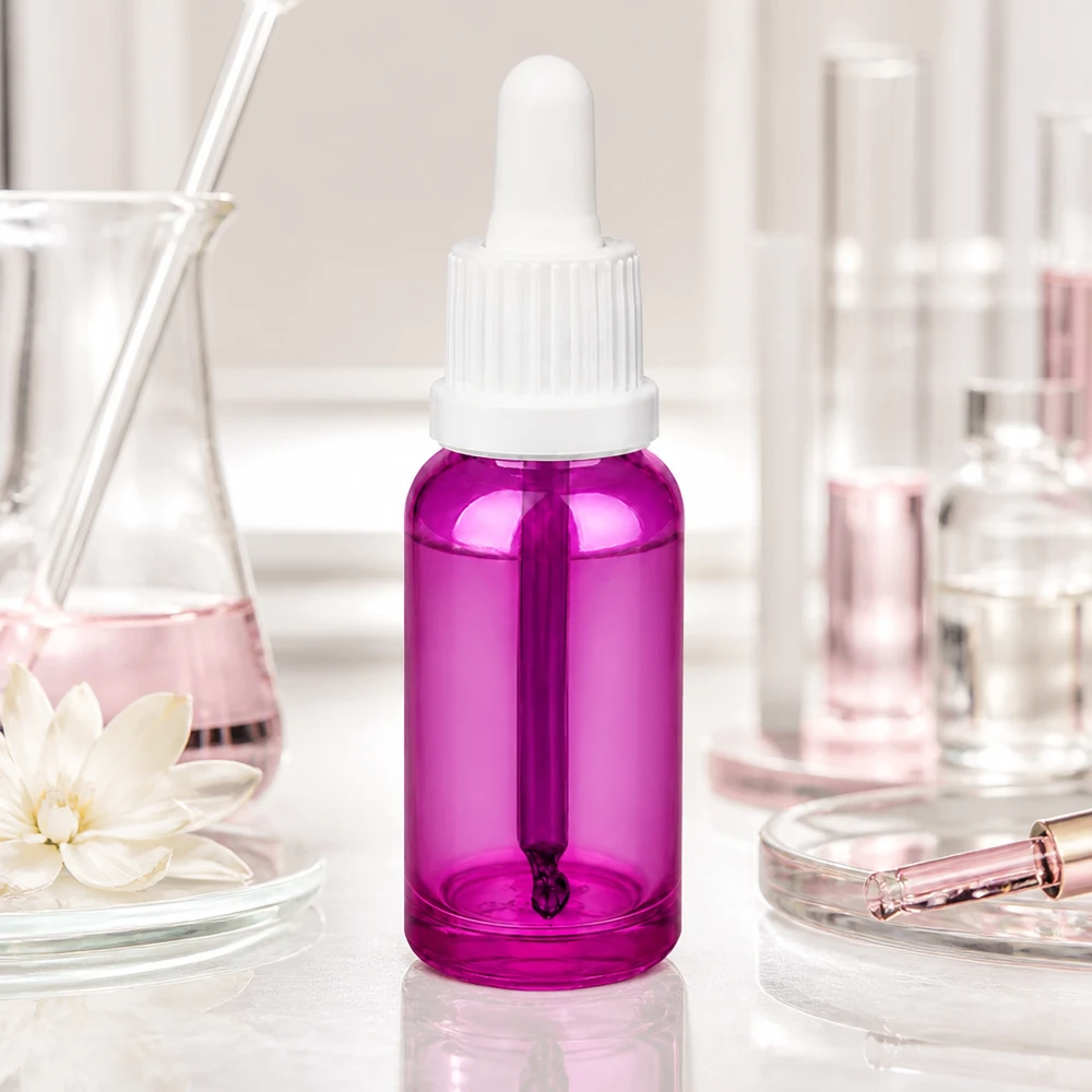 Stylische lila Pipettenflasche 20ml aus durchsichtigem Material mit UT18 Gewinde