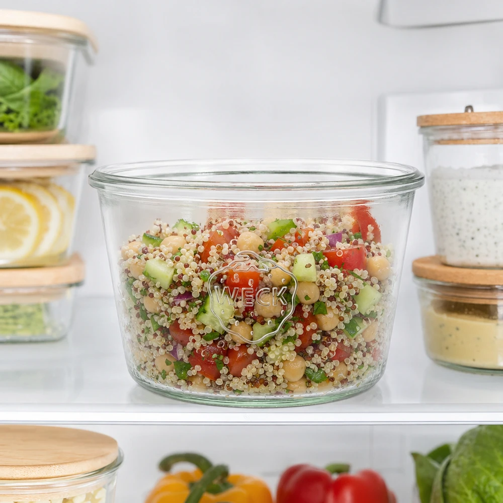370ml tumble nádoba WECK RR100 s dřevěným dřevem - dřevěná nádoba s dřevem. WECK Sturzglas 370ml RR100 mit Quinoa-Salat gefüllt im Kühlschrank für Meal Prep und Vorratshaltung