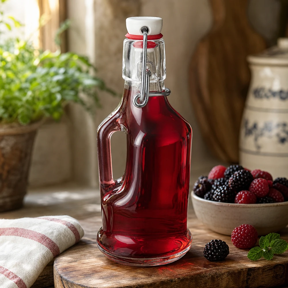 200ml Glasflasche "Bertha" + Porzellan Bügelverschluss UNiTW 200ml Glasflasche Bertha mit roter Beerenfüllung Lifestyle Szene Küchenambiente Porzellan Bügelverschluss UNiTW