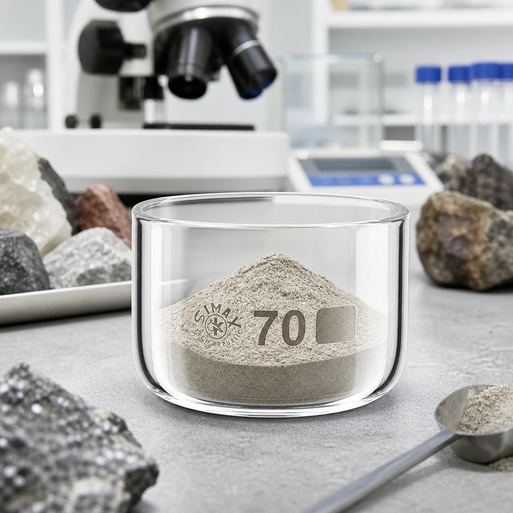 100ml krystalizační miska bez výlevky borosilikátová ø70mm Transparente Laborkristallisierschale 100ml mit Mineralpulver gefüllt umgeben von Gesteinsproben