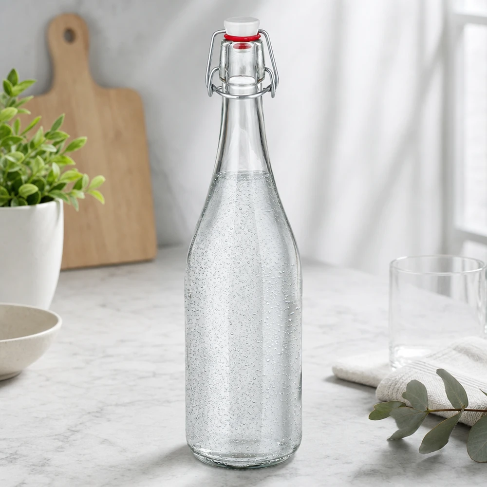 Skleněná láhev o objemu 750 ml + otočný uzávěr PVC UNiTWIST 750ml Glasflasche mit Bügelverschluss befüllt mit Sprudelwasser Küchenszenerie marble Arbeitsplatte modern