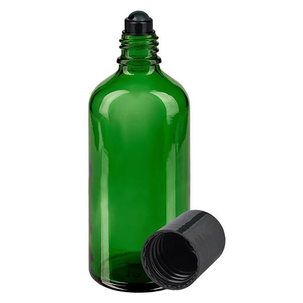 Lékárenská lahvička zelená 100ml roll-on s černým uzávěrem Lékárenská lahvička zelená 100ml roll-on s černým uzávěrem