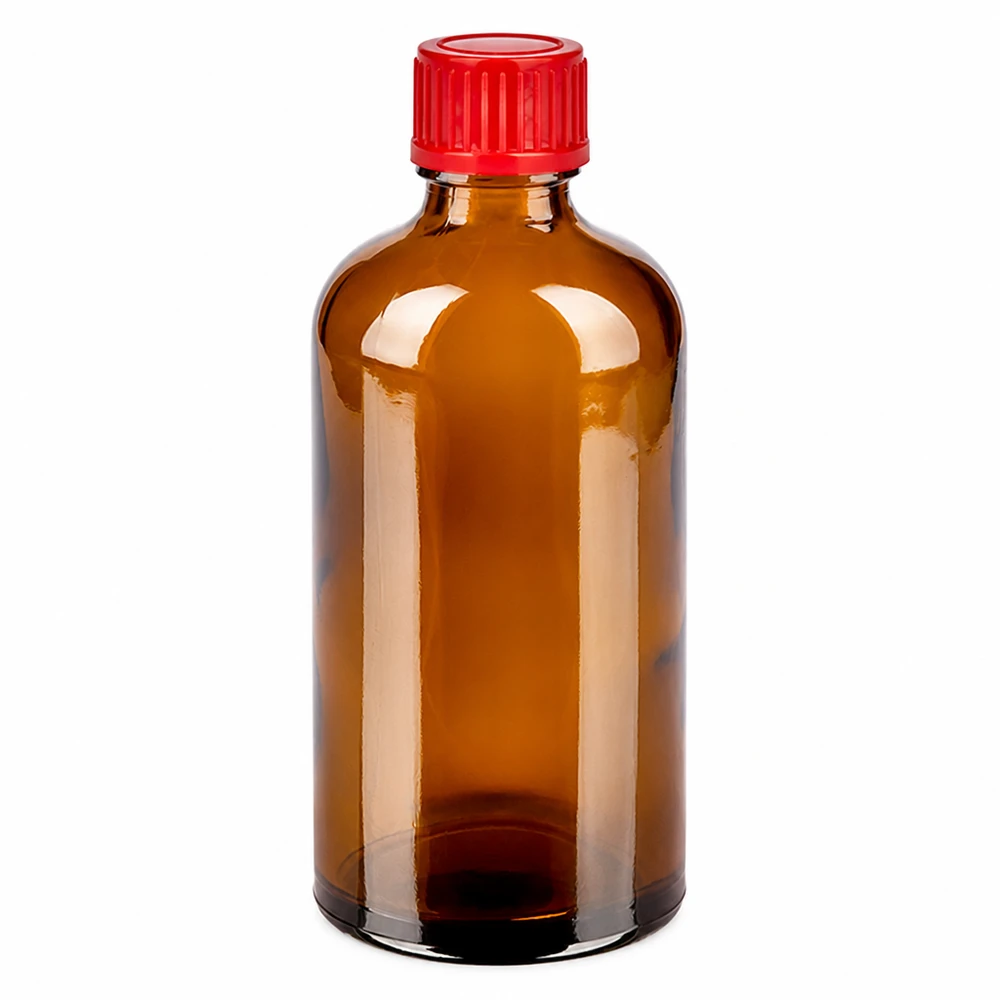 100ml láhev 11mm šroubovací uzávěr červená Standard BrownLine UT18/100 Pharmazeutische Glasflasche 100ml braun mit rotem Schraubdeckel für sichere Lagerung