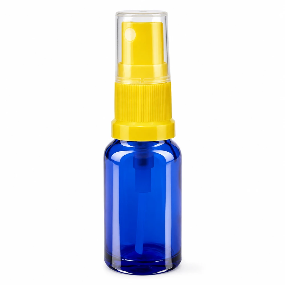 Lékárenská lahvička modrá 10ml s rozprašovačem žlutá Blaue UV-Schutzglasflasche 10ml mit gelbem Feinzerstäuber ideal für ätherische Öle und Seren