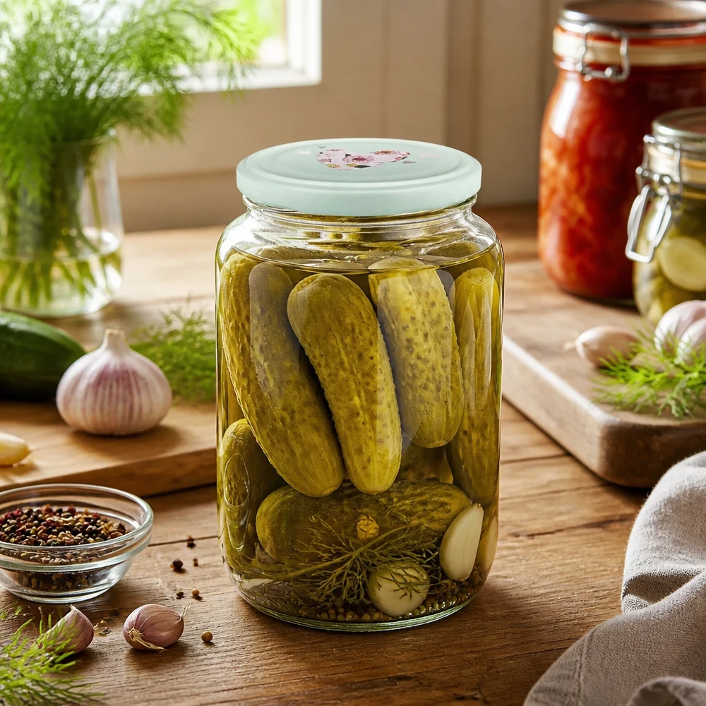 795ml kulatá sklenice + víčko BasicSeal srdíčková máta UNiTWIST 795ml Rundglas mit Gurken gefüllt zeigt mint Herzdeckel beim Einkochen von Gemüse in rustikaler Küche