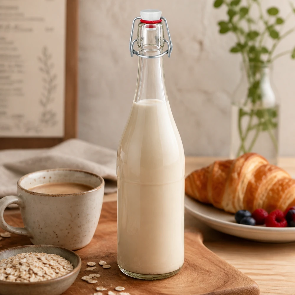 Skleněná láhev o objemu 750 ml + otočný uzávěr PVC UNiTWIST 750ml Glasflasche Bügelverschluss mit Milch befüllt Küchenszenerie Frühstück Croissant Haferflocken natürlich