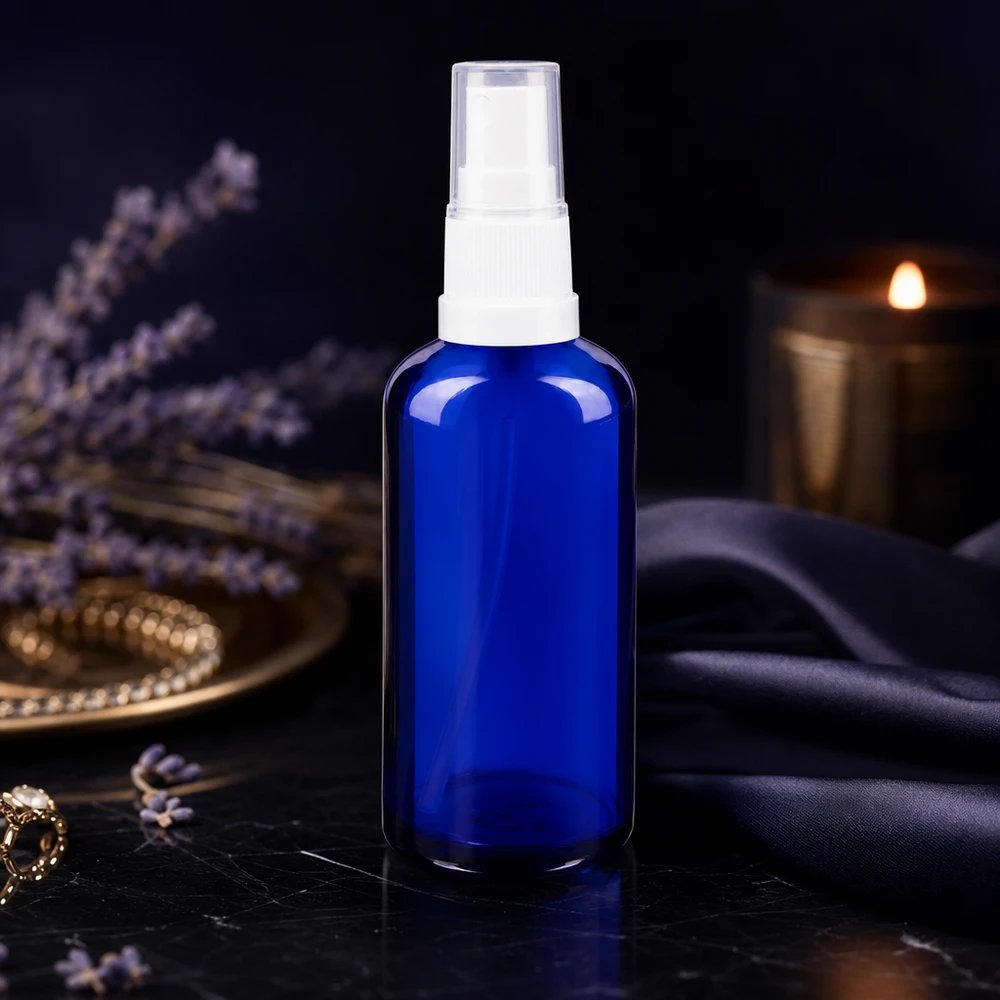 Lichtschutzglas Sprayflasche 50ml in Blau mit weißem Zerstäuber für ätherische Öle