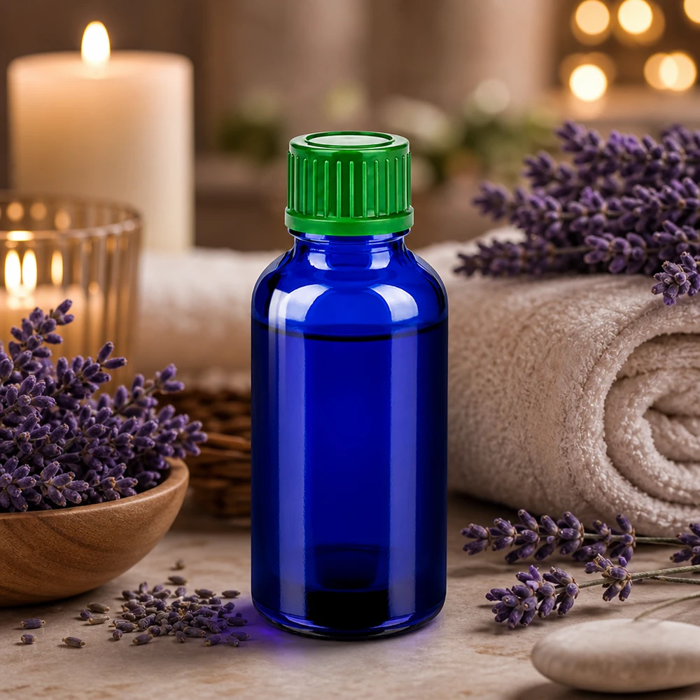 Robuste 30ml Glasflasche mit matter Oberfläche und ergonomischem grünem Verschluss