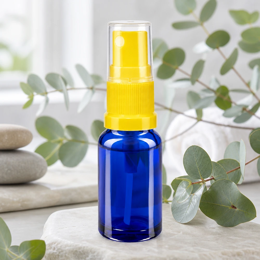 Hochwertiger 10ml ApoGlas Behälter blau mit Feinnebel Zerstäuber gelb und Schutzkappe