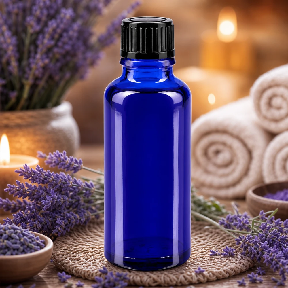 Lékárenská láhev modrá 30ml šroubovací uzávěr černá standardní 30ml blaues Apothekerglas lichtgeschützt für Öle Tinkturen und Essenzen