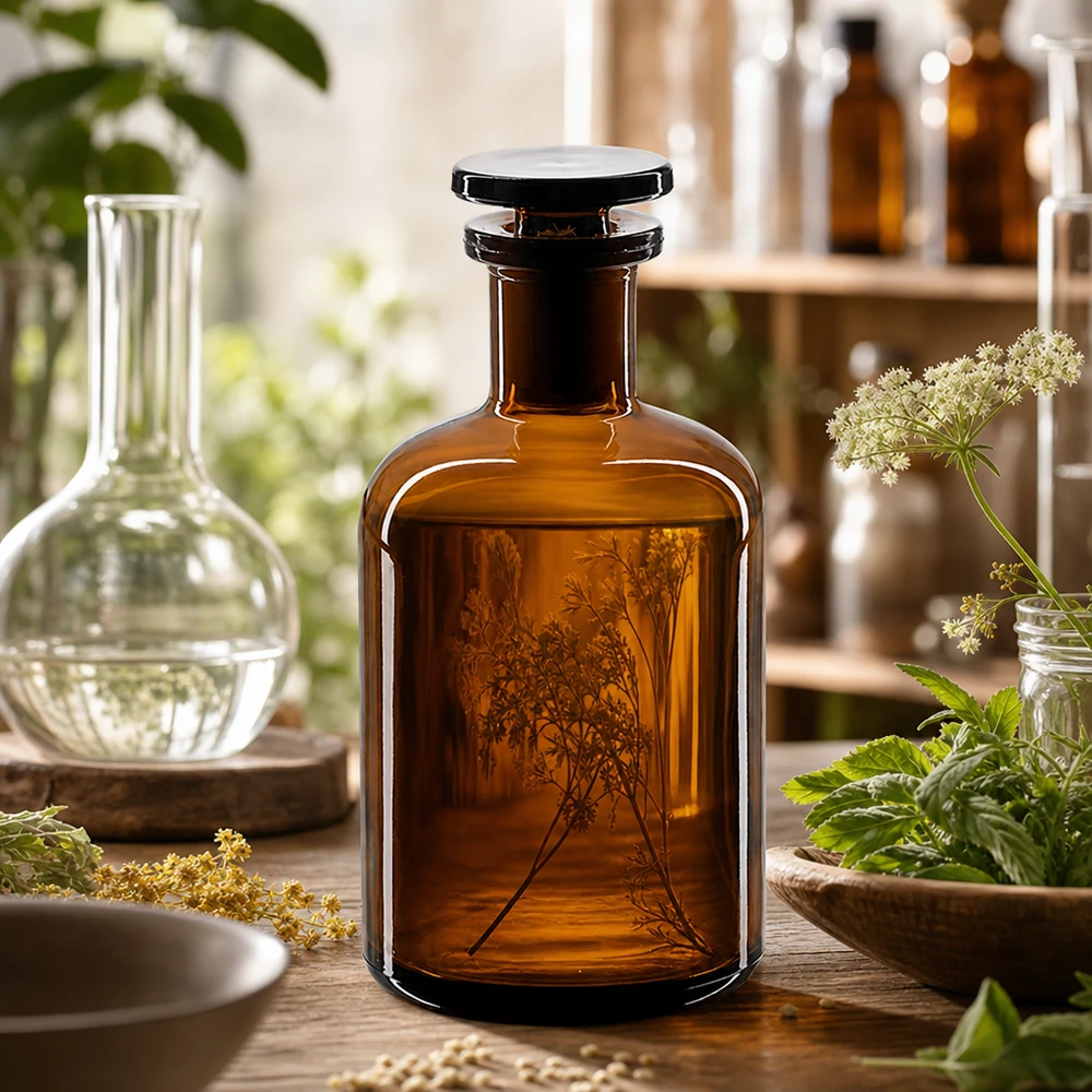 Láhev s kulatým ramenem 100ml hnědá s úzkým hrdlem skleněná zátka Medizinflasche Braunglas 100ml schlanker Flaschenhals mit schwarzem Glasstopfen