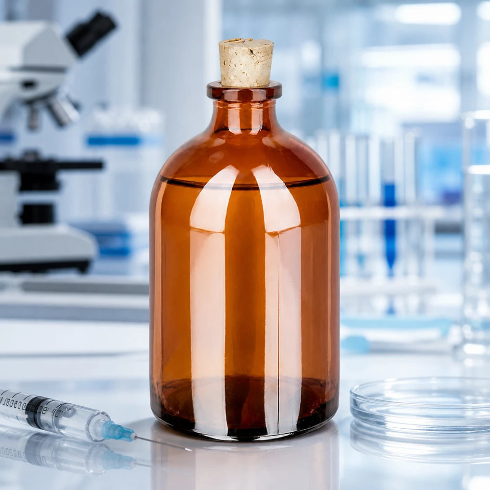 Jantarová skleněná láhev 100ml se zátkou 11/14mm Medizinflasche 100ml bernsteinfarbenes Glas mit Naturkorken 11/14mm lichtundurchlässig