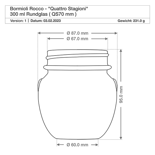 300ml kulatá sklenice "Quattro Stagioni" s víčkem Technische Zeichnung 300ml Rundglas Quattro Stagioni mit Maßangaben und Deckel von Bormioli Rocco