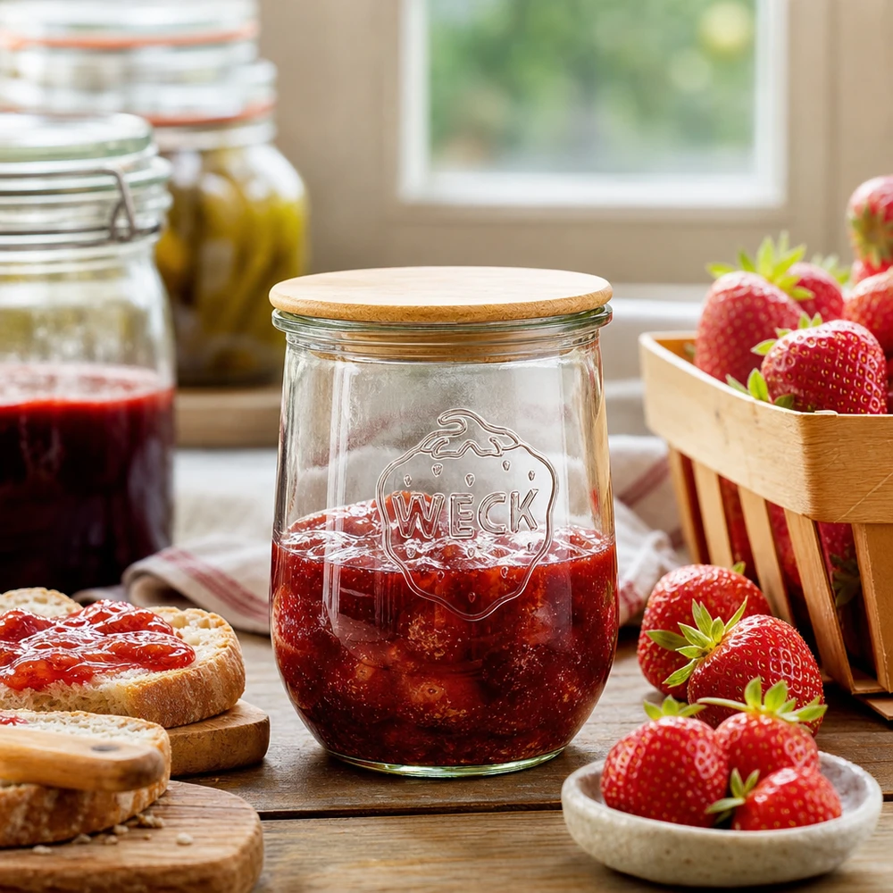 1062ml Dóza na tulipány WECK RR100 s dřevěným víčkem. WECK Tulpenglas RR100 1062ml mit Holzdeckel gefüllt mit Erdbeermarmelade auf Küchentisch mit frischen Erdbeeren