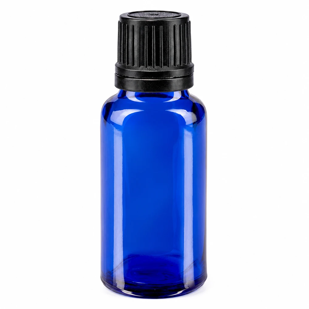 Lékárenská lahvička modrá 20ml kapací uzávěr nalévací kroužek 1mm černý tamper-evidentní uzávěr. 20ml Apothekenglas blau mit schwarzem OV-Verschluss und präzisem 1mm Dosiereinsatz für Tropfen