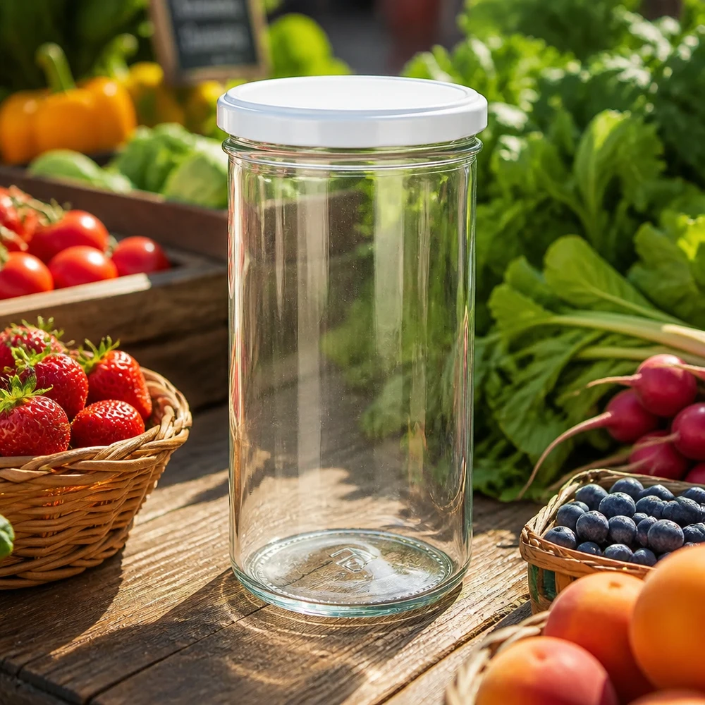 277ml Sturzglas mit weißem Deckel auf Holztisch umgeben von frischem Obst und Gemüse - ideal für Einkochen