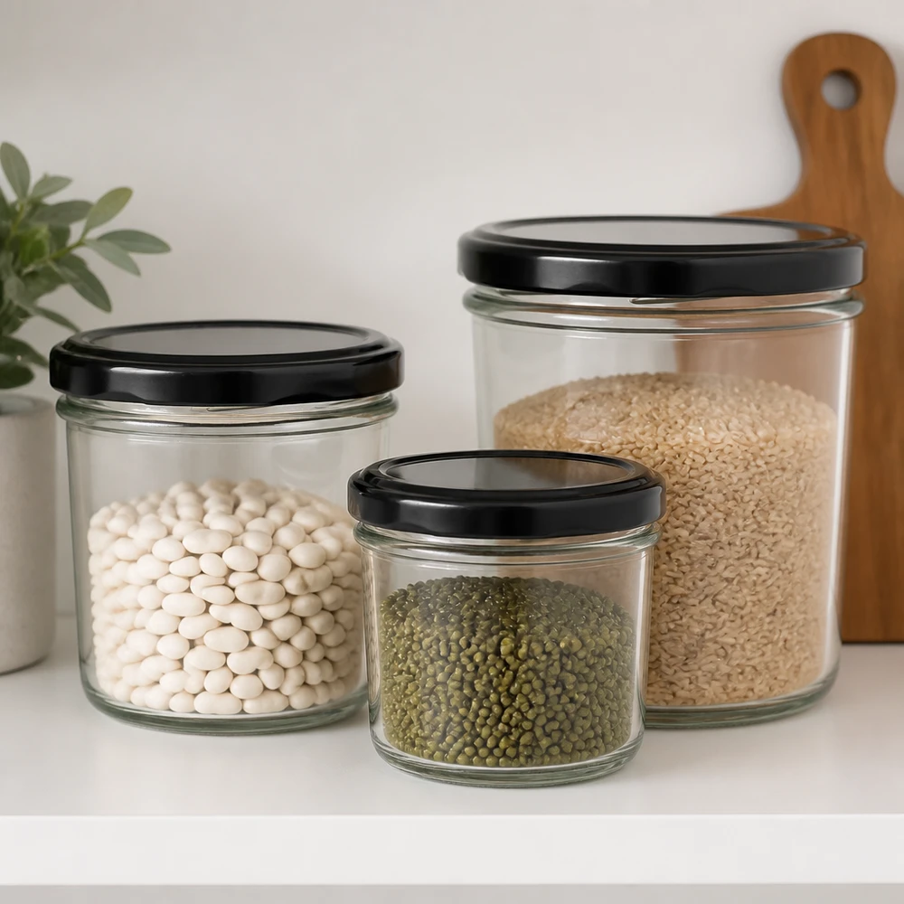 230ml tumblery s víčkem BasicSeal černé UNiTWIST. 230ml Sturzglas Größenvergleich mit verschiedenen Hülsenfrüchten und Reis zeigt ideale Portionierung für Vorratshaltung