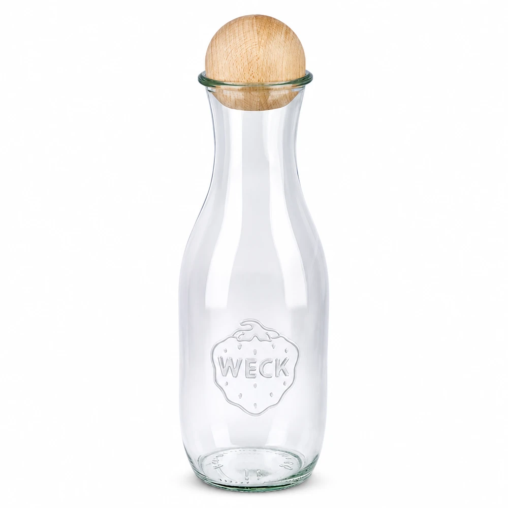 1062ml láhev na džus WECK RR60 s dřevěnou kuličkou buk WECK Saftflasche 1062ml RR60 mit Holzkugel Buche Verschluss Glasflasche transparent Einkochen