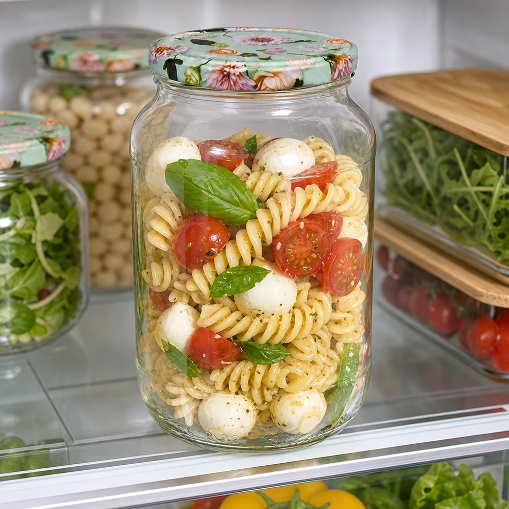 Rundglas 1062ml mit BasicSeal Deckel Blume mint gefüllt mit Nudelsalat im Kühlschrank Meal Prep Container