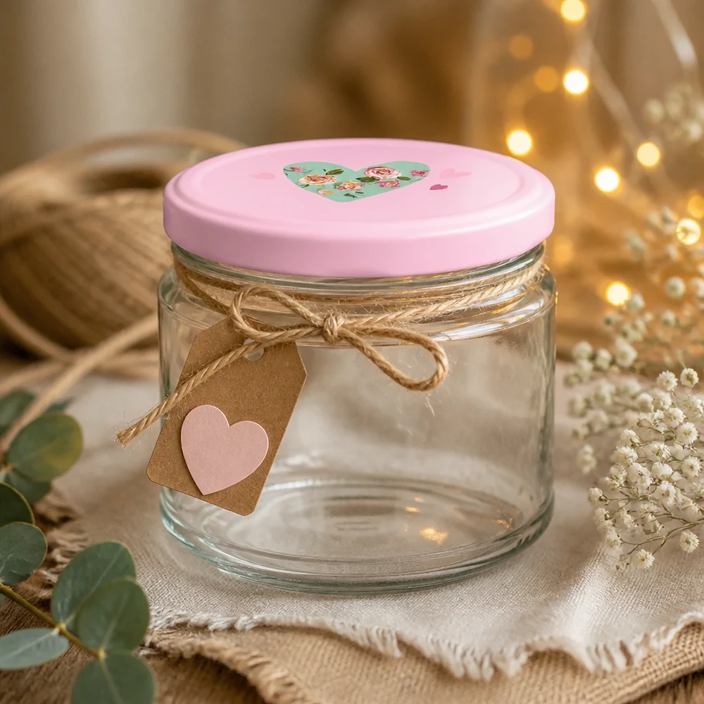 330ml kulatá sklenice + víčko BasicSeal srdíčková růžová UNiTWIST 330ml Rundglas mit rosa Herz-Deckel und Geschenkanhänger, dekorativ arrangiert mit Lichterkette und Trockenblumen