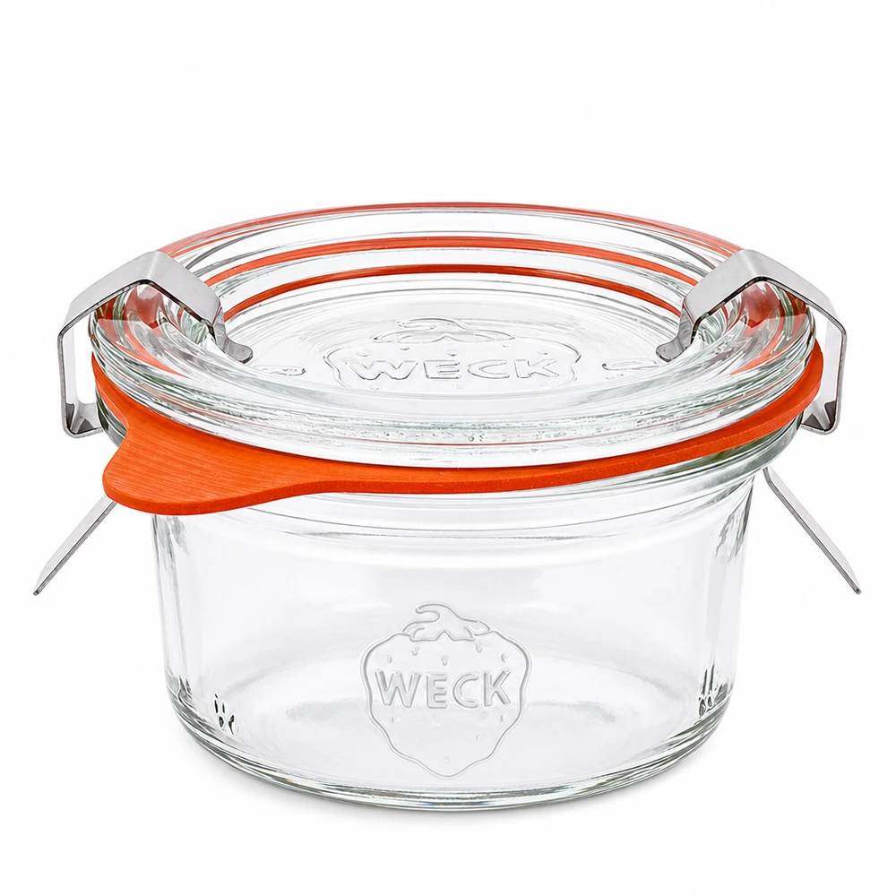 50ml bublinkové sklenice kompletní WECK RR60 WECK 50ml Sturzglas RR60 mit Glasdeckel und orangem Gummiring komplett Set für Einmachen und Konservieren