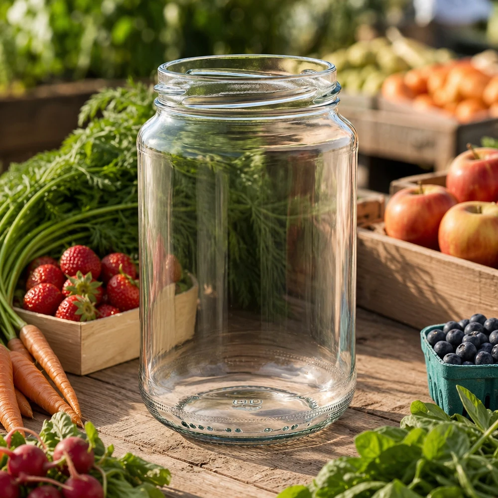 Kulatá sklenice o objemu 375 ml bez víčka (TO63) UNiTWIST UNiTWIST Runda375 Rundglas 375ml TO63 auf Holztisch umgeben von frischem Gemüse Obst und Kräutern im Garten